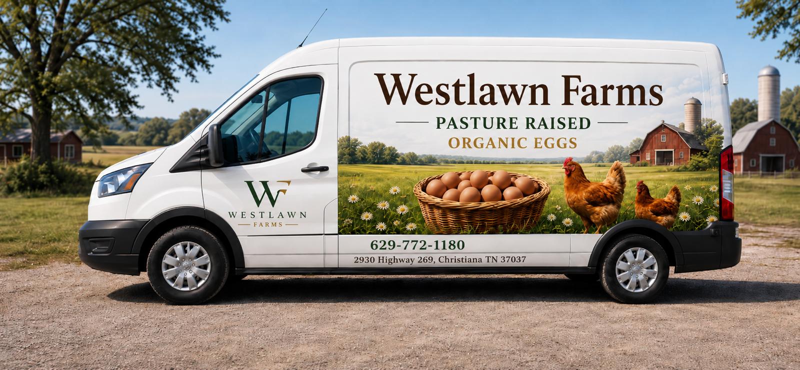 Westlawn Farms pasture-raised organic eggs delivery van — side view